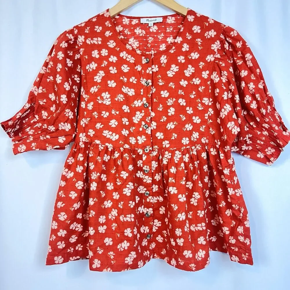 Madewell Puff-Sleeve Button-Front Top Womens Small Swiss Dot Happy Hibiscus